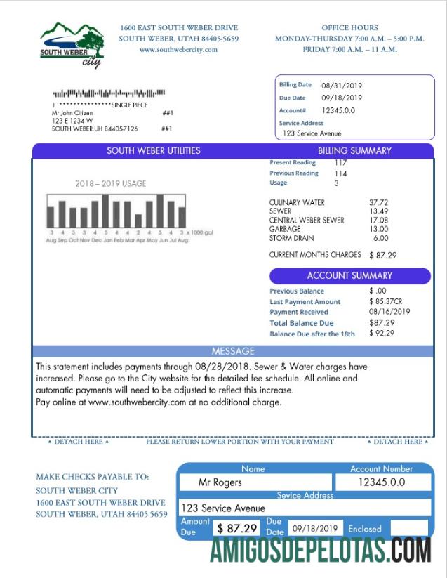 imprimível Modelo de conta de serviços públicos de água dos EUA South Weber City Utah em formato Word e PDF